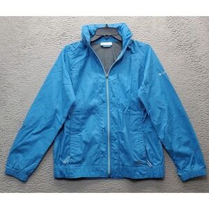 Columbia Rain Jacket Womens Medium Blue Packable Thermal‎ Lined Hood Elastic Hem